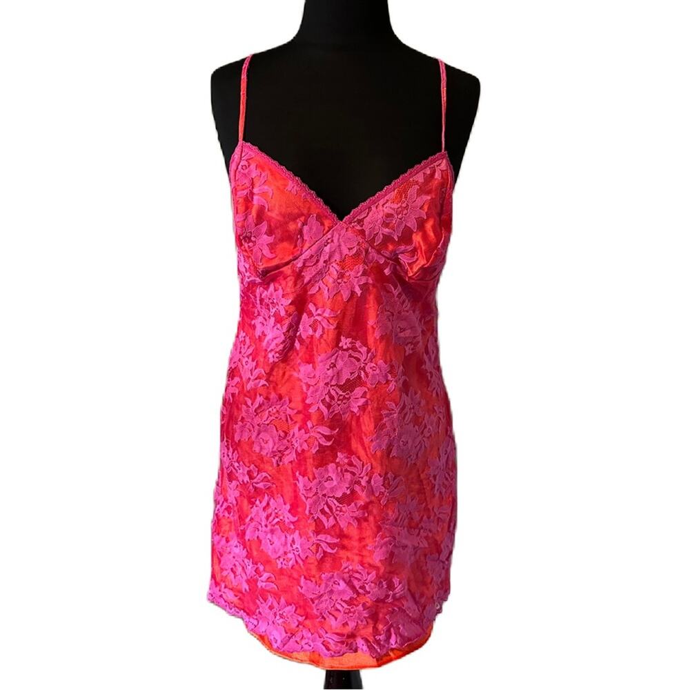 Y2K 2000 Victoria's Secret Hot Pink Orange Lace Baby Doll Slip Dress Sz Large